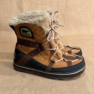 Sorel Winter Boots Womens 10 Tan Brown Fur Lined Waterproof Quilted Ankle Snow
